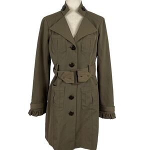 BLANC NOIR Belted Tailored Office Siren Trench Coat Ruffle Cuffs Medium Green